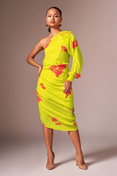 neetiandmudita Yellow Crepe Silk Print Abstract Asymmetric Neck Motif One Shoulder Dress