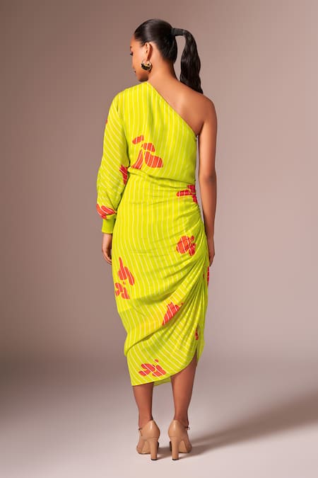Shop_Neetiandmudita_Yellow Crepe Silk Print Abstract Asymmetric Neck Motif One Shoulder Dress _at_Aza_Fashions