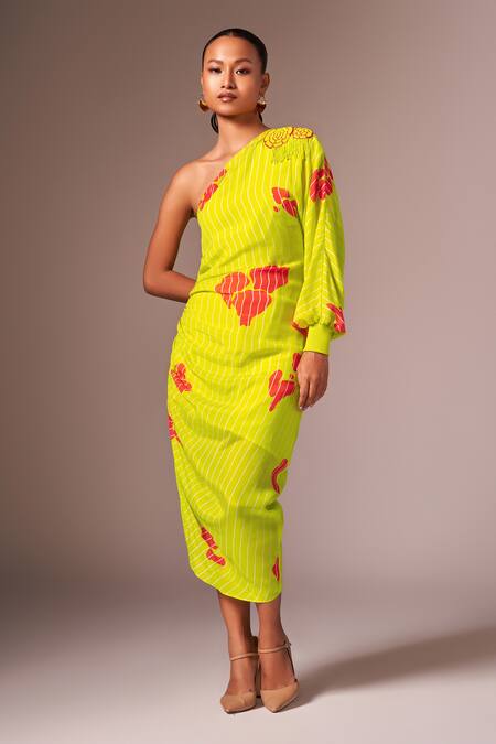 Neetiandmudita_Yellow Crepe Silk Print Abstract Asymmetric Neck Motif One Shoulder Dress _Online_at_Aza_Fashions