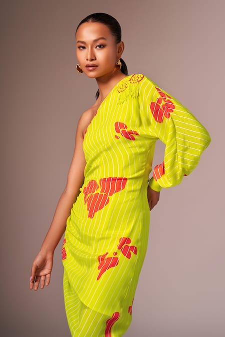 Buy_Neetiandmudita_Yellow Crepe Silk Print Abstract Asymmetric Neck Motif One Shoulder Dress _Online_at_Aza_Fashions