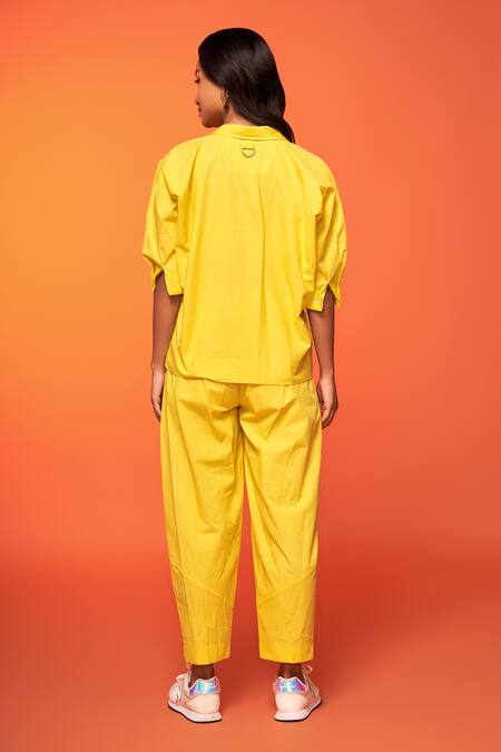Shop_Neetiandmudita_Yellow Cotton Placement Embroidery Floral Collared Pocket Flap Shirt With Pant _at_Aza_Fashions