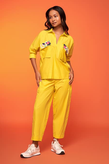 Neetiandmudita Yellow Cotton Placement Embroidery Floral Collared Neck Pocket Flap Shirt Online at Aza Fashions Neetiandmudita_Yellow Cotton Placement Embroidery Floral Collared Neck Pocket Flap Shirt _Online_at_Aza_Fashions