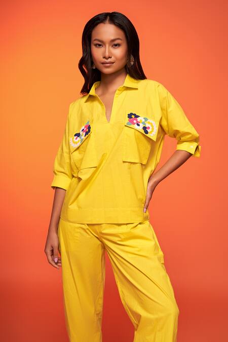 Buy Neetiandmudita Yellow Cotton Placement Embroidery Floral Collared Neck Pocket Flap Shirt Online at Aza Fashions Buy_Neetiandmudita_Yellow Cotton Placement Embroidery Floral Collared Neck Pocket Flap Shirt _Online_at_Aza_Fashions