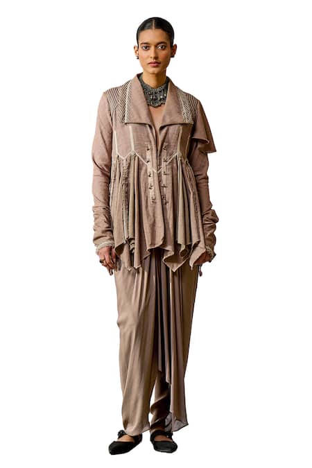 Shop_Tarun Tahiliani_Grey Georgette, Handloom Cotton Collared Cascading Jacket With Dhoti Pant _Online_at_Aza_Fashions