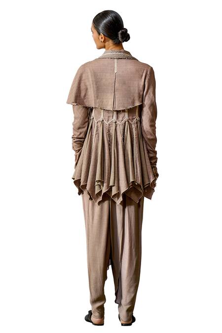 Tarun Tahiliani_Grey Georgette, Handloom Cotton Collared Cascading Jacket With Dhoti Pant _at_Aza_Fashions