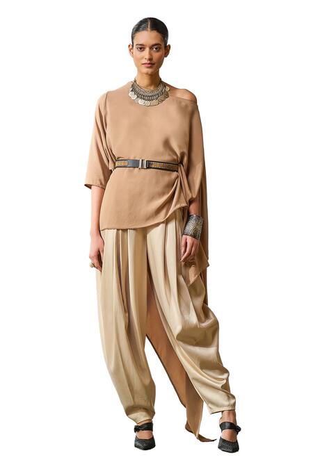 Shop_Tarun Tahiliani_Brown Georgette, Satin, Lycra Asymmetric Draped Top With Dhoti Pant _Online_at_Aza_Fashions