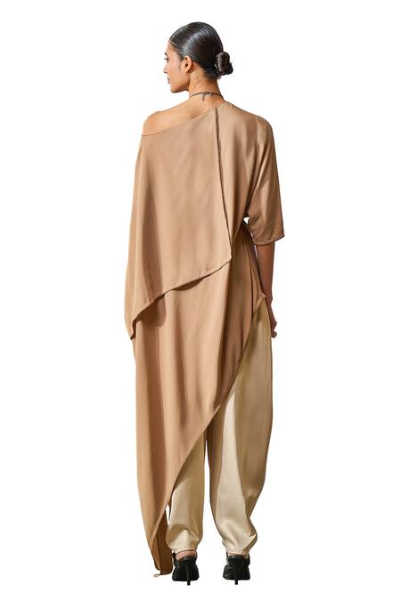 Tarun Tahiliani_Brown Georgette, Satin, Lycra Asymmetric Draped Top With Dhoti Pant _at_Aza_Fashions