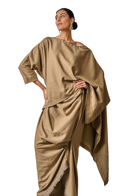 Tarun Tahiliani_Brown Rayon Beads Asymmetric Oversized Top With Skirt _at_Aza_Fashions
