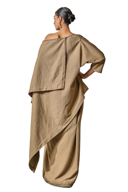 Buy_Tarun Tahiliani_Brown Rayon Beads Asymmetric Oversized Top With Skirt 