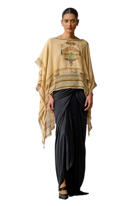 Shop_Tarun Tahiliani_Beige Georgette Print Painting Boat Neck Inspired Layered Top _Online_at_Aza_Fashions