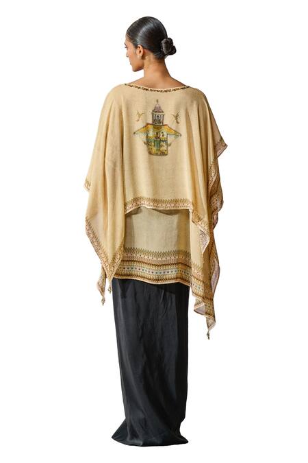 Tarun Tahiliani_Beige Georgette Print Painting Boat Neck Inspired Layered Top _at_Aza_Fashions