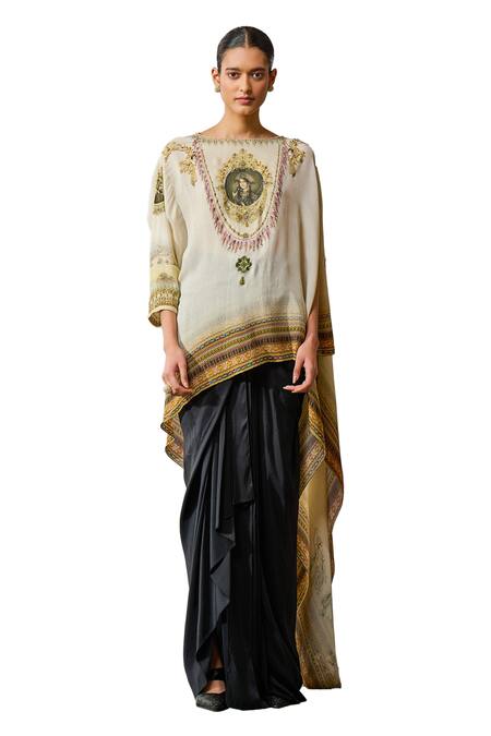 Shop_Tarun Tahiliani_Ivory Georgette Print Painting Boat Neck Inspired Trail Draped Top _Online_at_Aza_Fashions