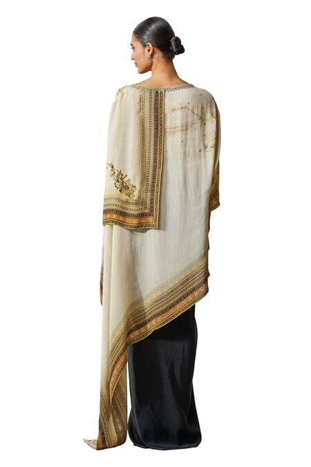 Tarun Tahiliani_Ivory Georgette Print Painting Boat Neck Inspired Trail Draped Top _at_Aza_Fashions