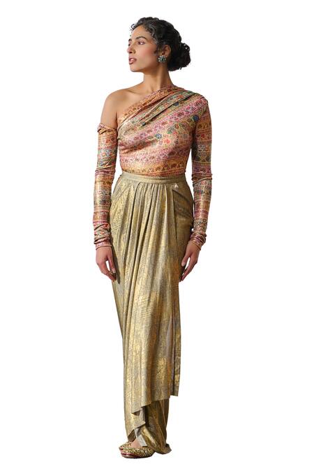 Shop_Tarun Tahiliani_Multi Color Jersey Embroidery Asymmetric Abstract Floral Print Top _Online_at_Aza_Fashions