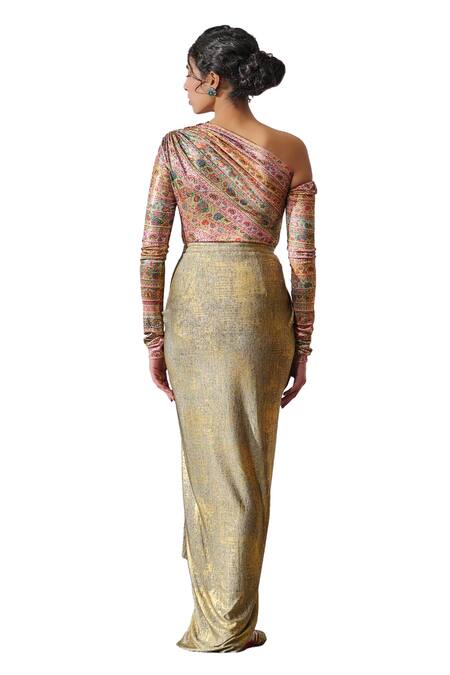 Tarun Tahiliani_Multi Color Jersey Embroidery Asymmetric Abstract Floral Print Top _at_Aza_Fashions
