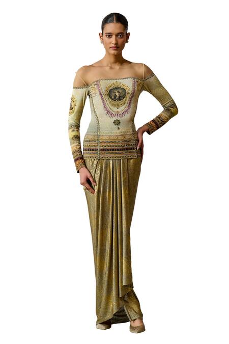 Shop_Tarun Tahiliani_Beige Jersey Embroidery Boat Neck Metallic Painting Inspired Print Top _Online_at_Aza_Fashions