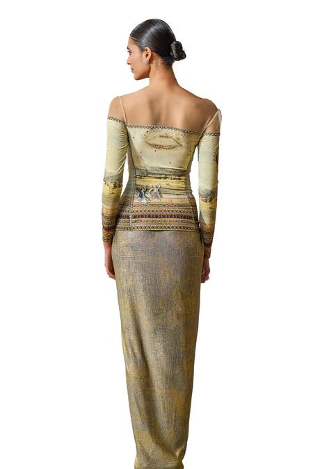 Tarun Tahiliani_Beige Jersey Embroidery Boat Neck Metallic Painting Inspired Print Top _at_Aza_Fashions
