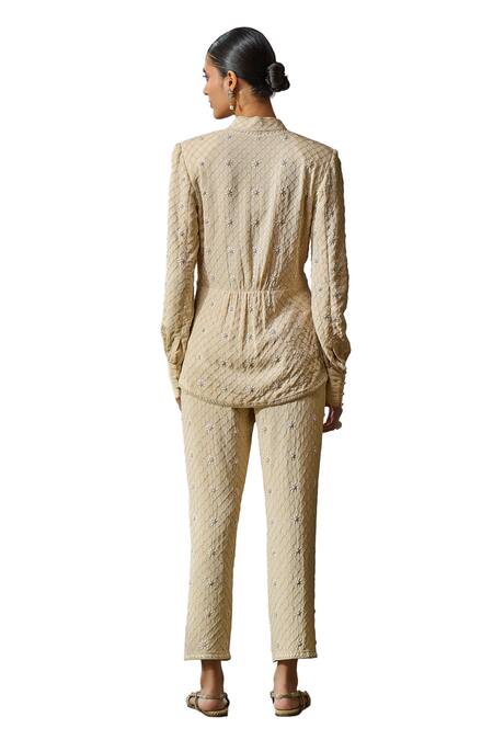 Shop_Tarun Tahiliani_Off White Silk, Georgette Sequins, Pearls, Hand Embroidered Jacket With Trouser _Online_at_Aza_Fashions