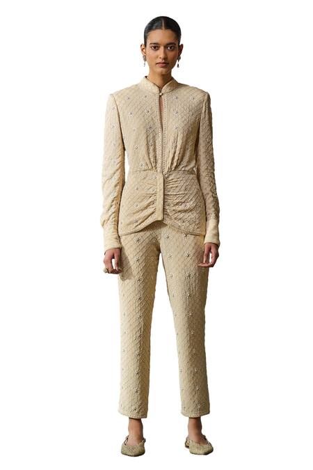 Tarun Tahiliani_Off White Silk, Georgette Sequins, Pearls, Hand Embroidered Jacket With Trouser _at_Aza_Fashions