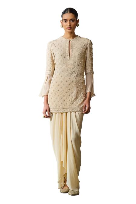Shop_Tarun Tahiliani_Off White Silk, Georgette Pearls, Hand Embroidered Kurta With Draped Dhoti _Online_at_Aza_Fashions
