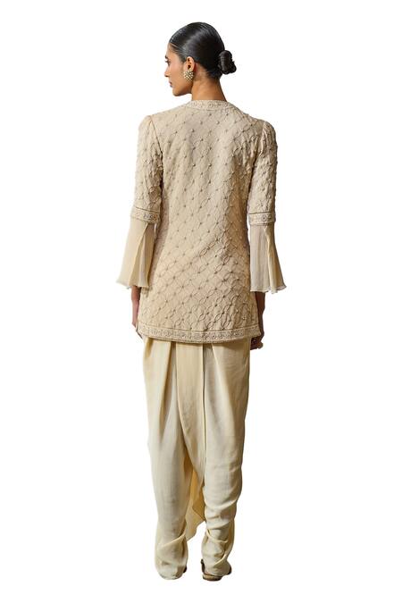 Tarun Tahiliani_Off White Silk, Georgette Pearls, Hand Embroidered Kurta With Draped Dhoti _at_Aza_Fashions