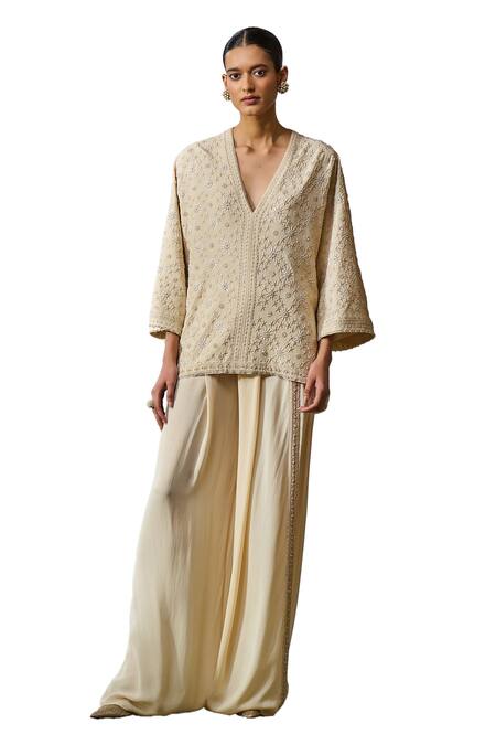 Shop_Tarun Tahiliani_Off White Silk, Georgette Pearls, Hand Embroidered Tunic With Fluid Pant _Online_at_Aza_Fashions
