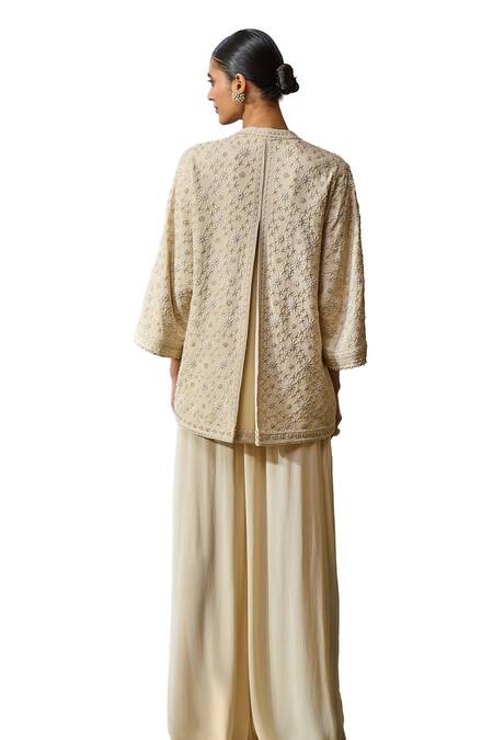 Tarun Tahiliani_Off White Silk, Georgette Pearls, Hand Embroidered Tunic With Fluid Pant _at_Aza_Fashions