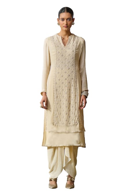 Shop_Tarun Tahiliani_Off White Silk, Georgette Floral Embroidered Layered Kurta With Dhoti Pant _Online_at_Aza_Fashions
