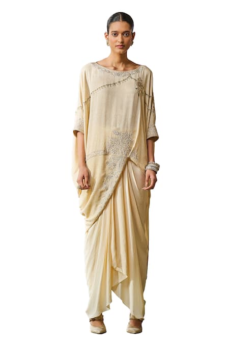 Tarun Tahiliani_Off White Silk, Georgette Pearls, Hand Embroidered Kimono Tunic With Dhoti _at_Aza_Fashions