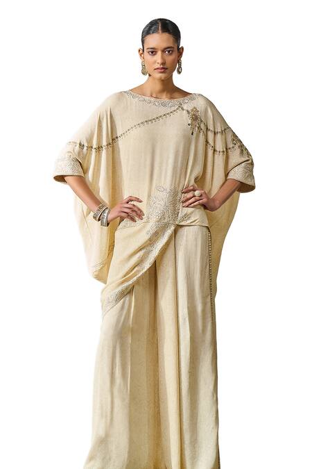 Buy_Tarun Tahiliani_Off White Silk, Georgette Pearls, Hand Embroidered Kimono Tunic With Trouser _Online_at_Aza_Fashions