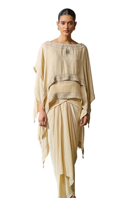 Tarun Tahiliani_Off White Silk, Georgette Pearls, Hand Embroidered Layered Top With Dhoti Pant _at_Aza_Fashions