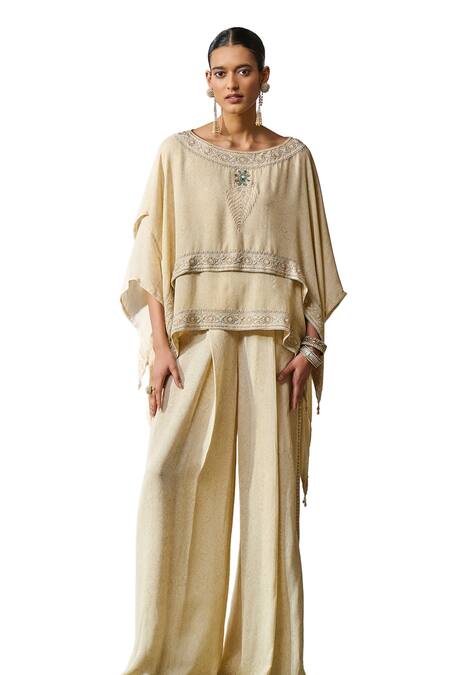 Shop_Tarun Tahiliani_Off White Top Silk Georgette Hand Embroidery Chikankari Layered With Trouser _Online_at_Aza_Fashions