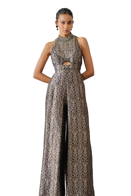 Shop Tarun Tahiliani Black Brocade Embellished Floral Mandarin Jumpsuit Online at Aza Fashions Shop_Tarun Tahiliani_Black Brocade Embellished Floral Mandarin Jumpsuit _Online_at_Aza_Fashions