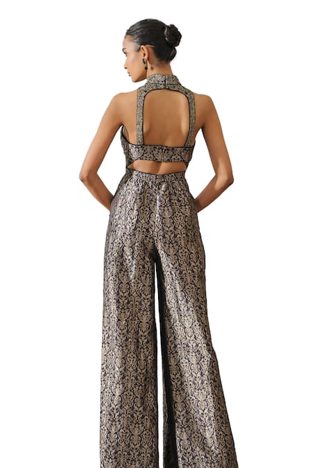 Tarun Tahiliani Black Brocade Embellished Floral Mandarin Jumpsuit at Aza Fashions Tarun Tahiliani_Black Brocade Embellished Floral Mandarin Jumpsuit _at_Aza_Fashions