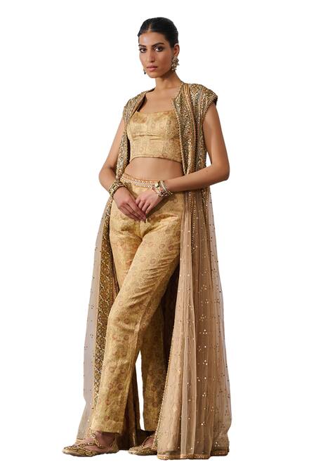 Tarun Tahiliani_Multi Color Muslin, Brocade Mirrors, Sequins, Embroidery Jacket And Trouser Set _at_Aza_Fashions