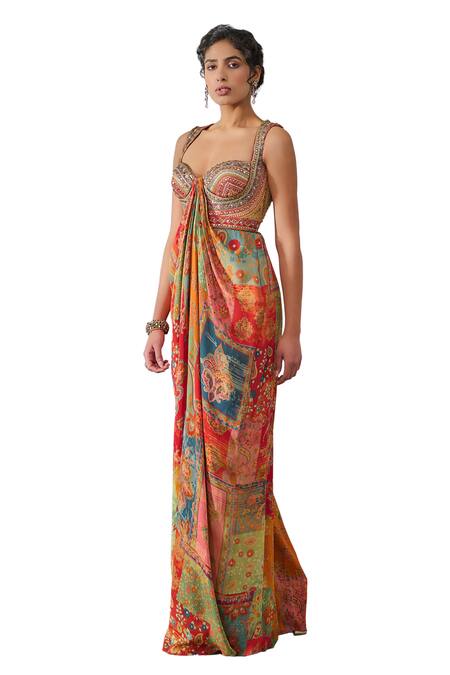 Shop_Tarun Tahiliani_Multi Color Double Viscose Georgette Printed Phulkari Sweetheart Draped Jumpsuit_Online_at_Aza_Fashions