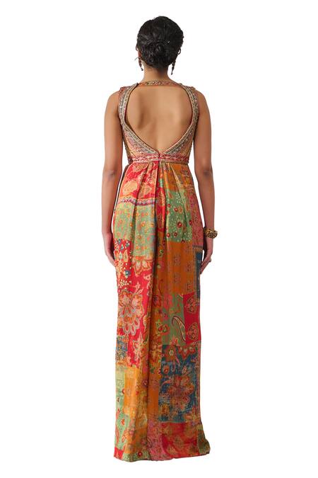Tarun Tahiliani_Multi Color Double Viscose Georgette Printed Phulkari Sweetheart Draped Jumpsuit_at_Aza_Fashions