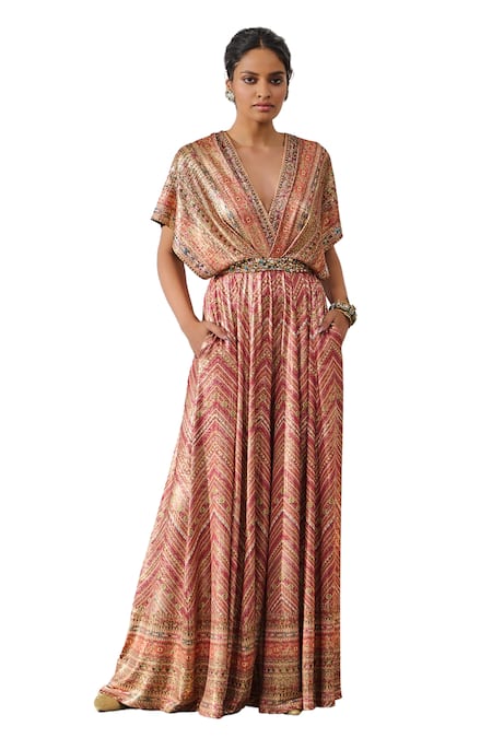 Shop_Tarun Tahiliani_Red Foil Jersey Printed Phulkari Plunged V And Embroidered Draped Jumpsuit _Online_at_Aza_Fashions