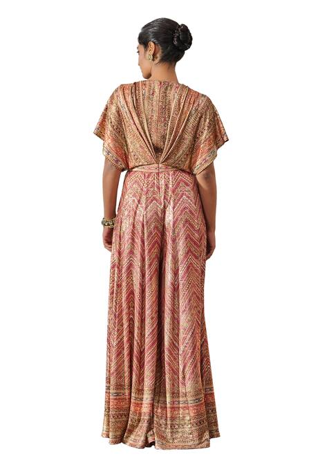 Tarun Tahiliani_Red Foil Jersey Printed Phulkari Plunged V And Embroidered Draped Jumpsuit _at_Aza_Fashions
