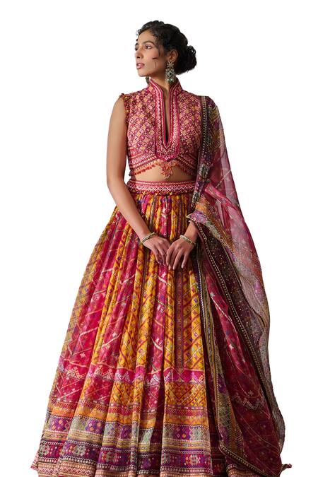 Shop_Tarun Tahiliani_Fuchsia Chanderi, , Organza Phulkari Print Lehenga Blouse Set _Online_at_Aza_Fashions