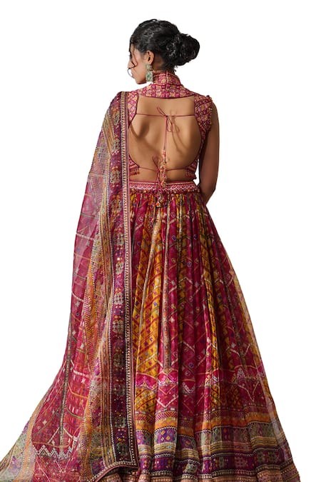Tarun Tahiliani_Fuchsia Chanderi, , Organza Phulkari Print Lehenga Blouse Set _at_Aza_Fashions