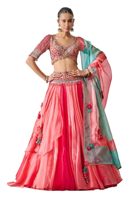 Buy Tarun Tahiliani Multi Color Organza Tassels V-neck Layered Lehenga Embroidered Blouse Set Buy_Tarun Tahiliani_Multi Color Organza Tassels V-neck Layered Lehenga Embroidered Blouse Set