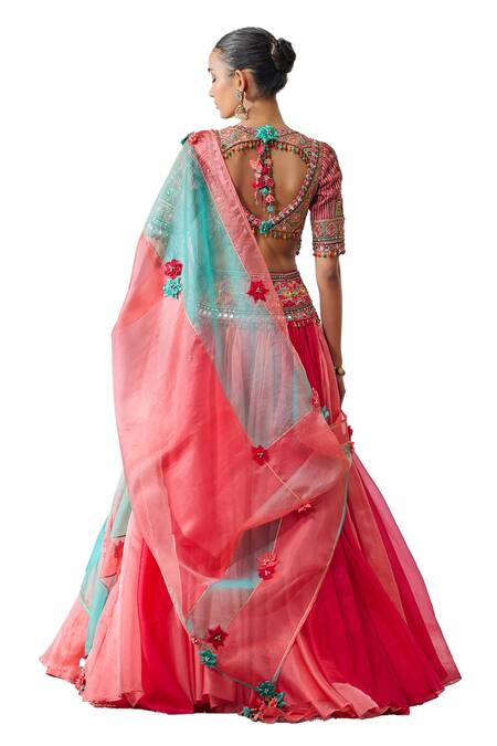 Shop Tarun Tahiliani Multi Color Organza Tassels V-neck Layered Lehenga Embroidered Blouse Set Shop_Tarun Tahiliani_Multi Color Organza Tassels V-neck Layered Lehenga Embroidered Blouse Set