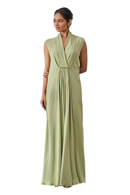 Buy_Tarun Tahiliani_Green Viscose, Georgette Crystals Placed Swarovski Embellished Draped Dress _Online_at_Aza_Fashions