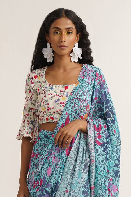 Vishala Shree_Blue Crepe, Silk Sequins, Lupine Floral Print Pre-stitched Saree With Blouse_Online_at_Aza_Fashions