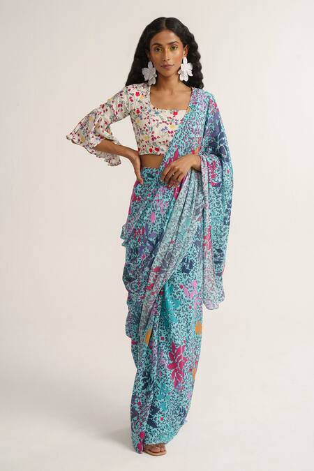 Buy_Vishala Shree_Blue Crepe, Silk Sequins, Lupine Floral Print Pre-stitched Saree With Blouse_Online_at_Aza_Fashions