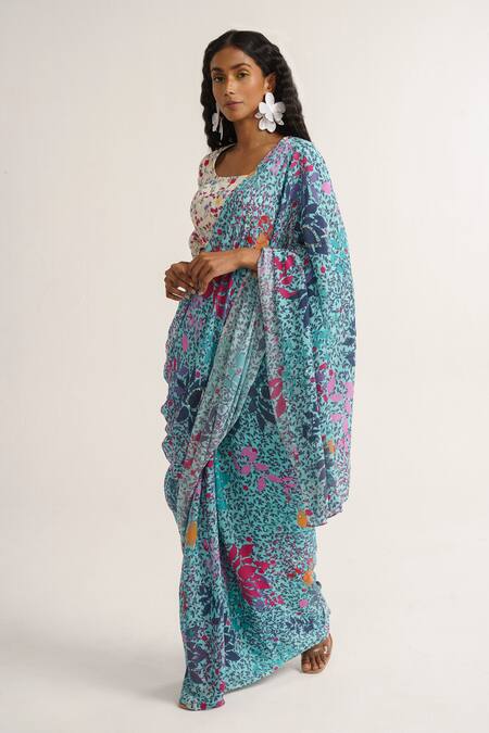 Shop_Vishala Shree_Blue Crepe, Silk Sequins, Lupine Floral Print Pre-stitched Saree With Blouse_Online_at_Aza_Fashions