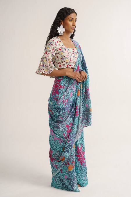 Vishala Shree_Blue Crepe, Silk Sequins, Lupine Floral Print Pre-stitched Saree With Blouse_at_Aza_Fashions