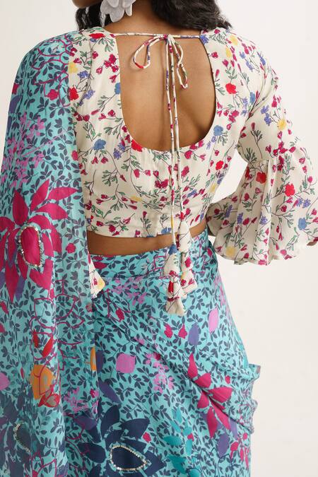 Buy_Vishala Shree_Blue Crepe, Silk Sequins, Lupine Floral Print Pre-stitched Saree With Blouse