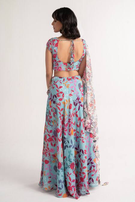 Shop Vishala Shree Blue Crepe, Silk Sequins, Embroidery Scoop Geranium Floral Print Lehenga Set at Aza Fashions Shop_Vishala Shree_Blue Crepe, Silk Sequins, Embroidery Scoop Geranium Floral Print Lehenga Set_at_Aza_Fashions
